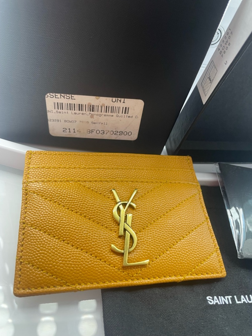 Authentic Saint Laurent Quilted Senape Yellow Leather Card Holder Gold YSL Logo - Picture 2 of 10